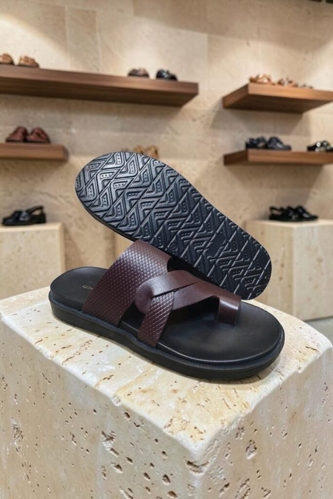 Men's Genuine Leather Brown Nappa Print Toe Ring Sandals