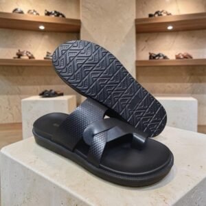 Men's Genuine Leather Black Nappa Print Toe Ring Sandals