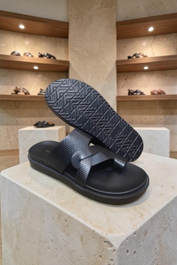 Men's Genuine Leather Black Nappa Print Toe Ring Sandals