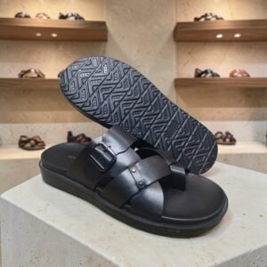 Men's Genuine Leather Black Nappa Buckle Sandals
