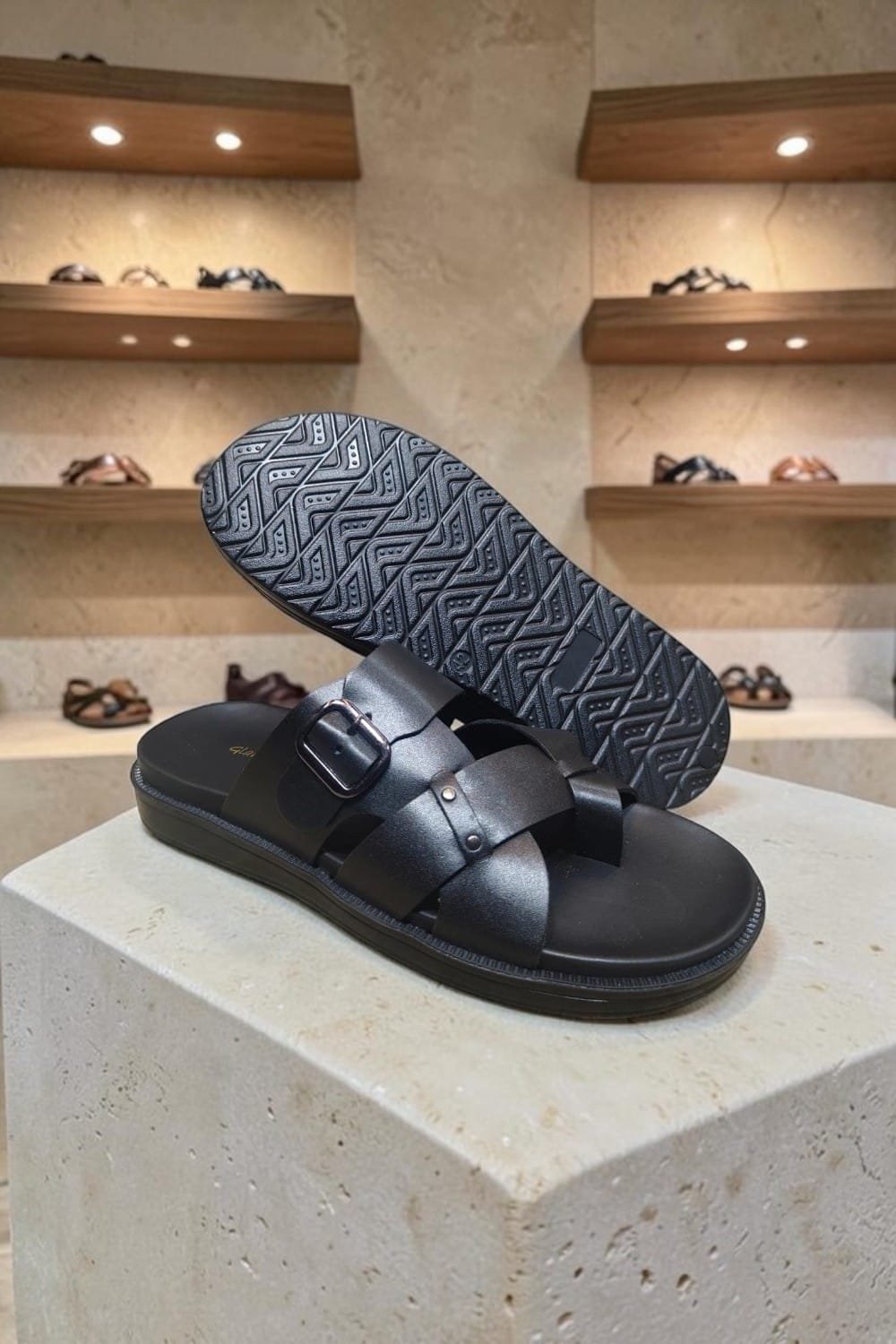 Men's Genuine Leather Black Nappa Buckle Sandals