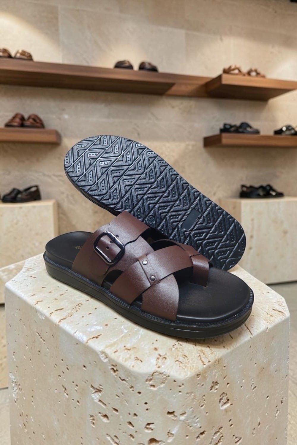 Men's Genuine Leather Brown Nappa Buckle Sandals