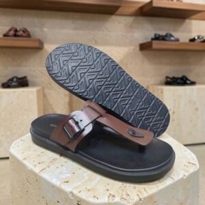 Men's Genuine Leather Brown Buckle Y Strap Sandals