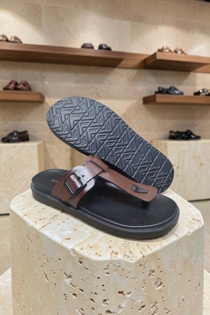 Men's Genuine Leather Brown Buckle Y Strap Sandals