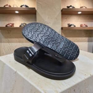 Men's Genuine Leather Black Buckle Y Strap Sandals