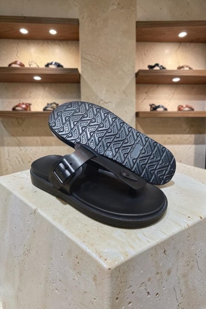 Men's Genuine Leather Black Buckle Y Strap Sandals