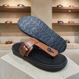 Men's Genuine Leather Tan Buckle Y Strap Sandals