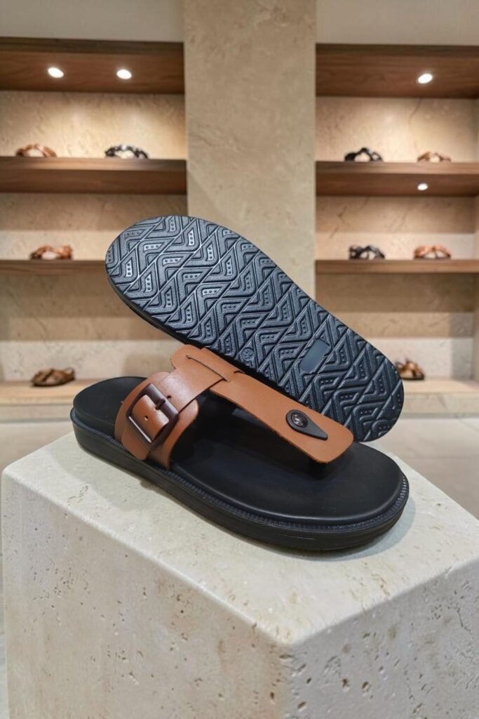Men's Genuine Leather Tan Buckle Y Strap Sandals