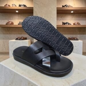 Men's Genuine Leather Black Print Cross Strap Sandals