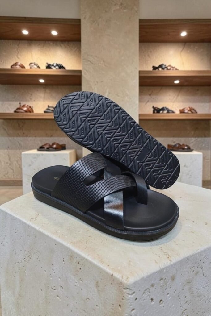 Men's Genuine Leather Black Print Cross Strap Sandals