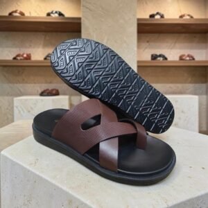 Men's Genuine Leather Brown Print Cross Strap Sandals