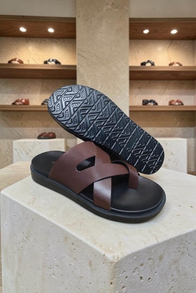 Men's Genuine Leather Brown Print Cross Strap Sandals