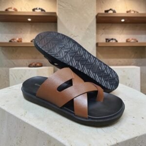 Men's Genuine Leather Tan Print Cross Strap Sandals