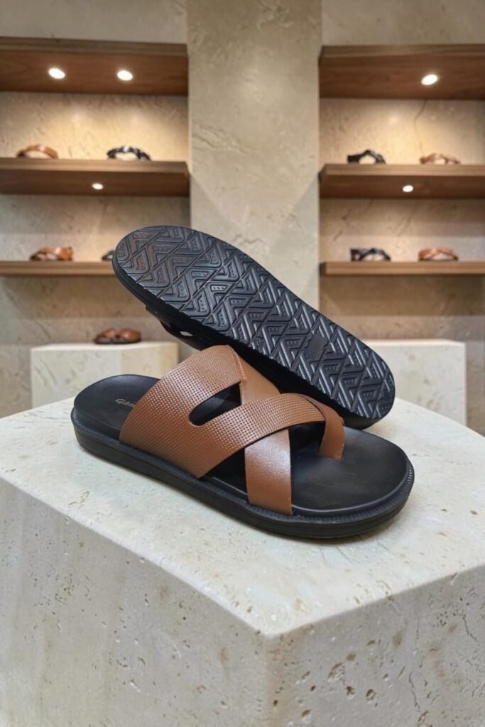 Men's Genuine Leather Tan Print Cross Strap Sandals