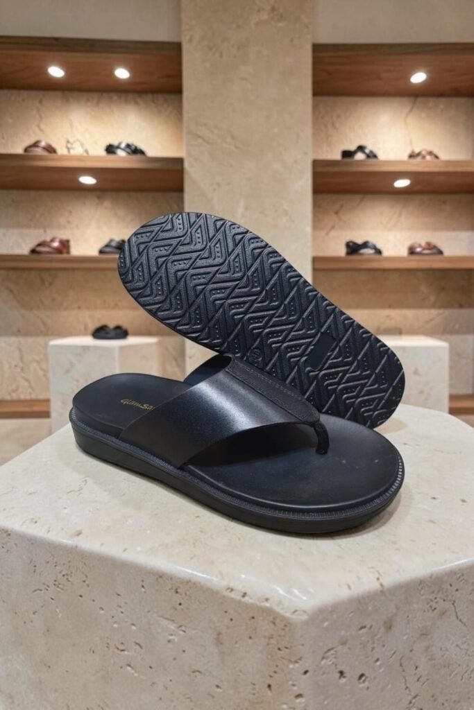 Men's Genuine Leather Black V Strap Sandals