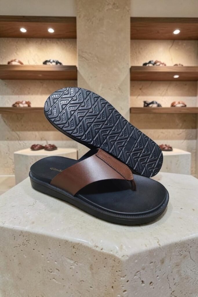 Men's Genuine Leather Brown V Strap Sandals