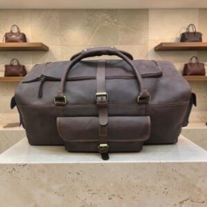 Premium Genuine Leather Dark Brown Oil Pull-Up Travel Duffle Bag