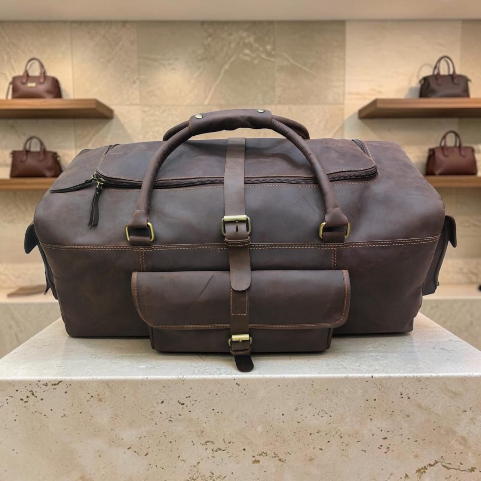 Premium Genuine Leather Dark Brown Oil Pull-Up Travel Duffle Bag