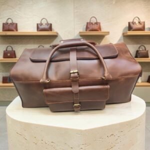 Premium Genuine Leather Brown Oil Pull-Up Travel Duffle Bag