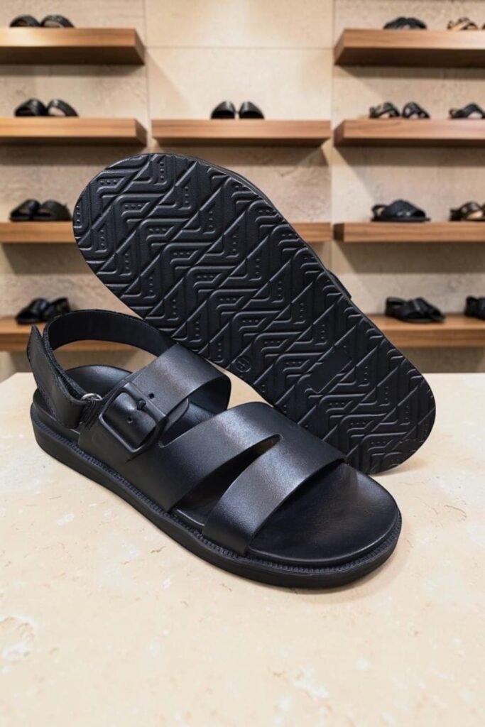 Men's Genuine Leather Black Cross Strap Sandals