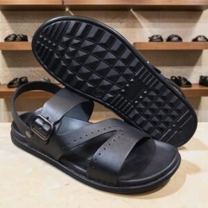 Men's Genuine Leather Black Perforated Strap Sandals