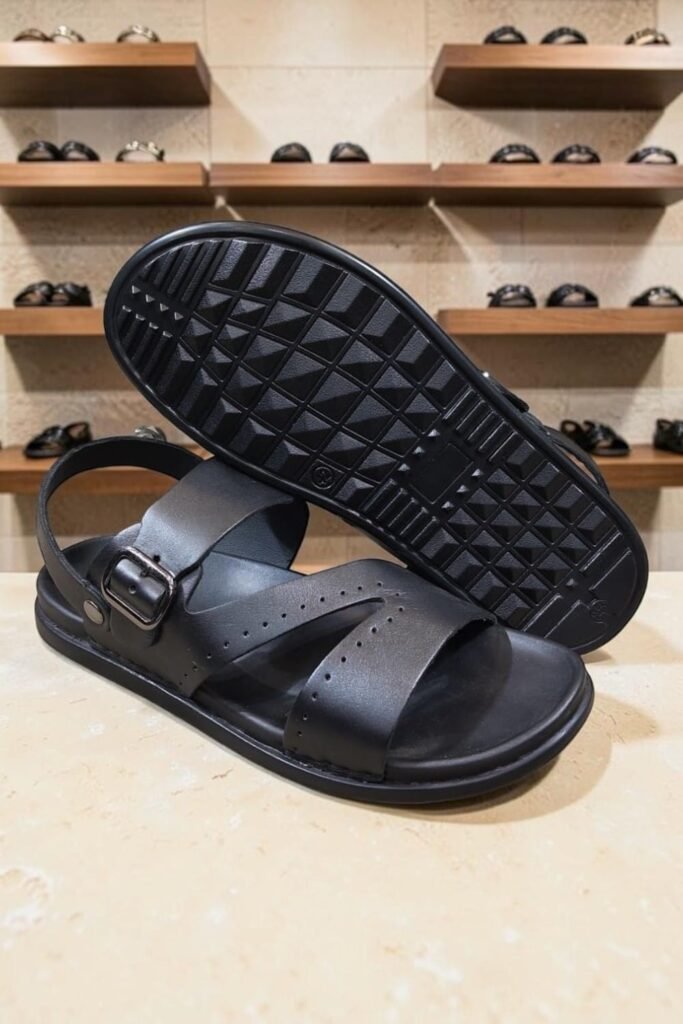 Men's Genuine Leather Black Perforated Strap Sandals
