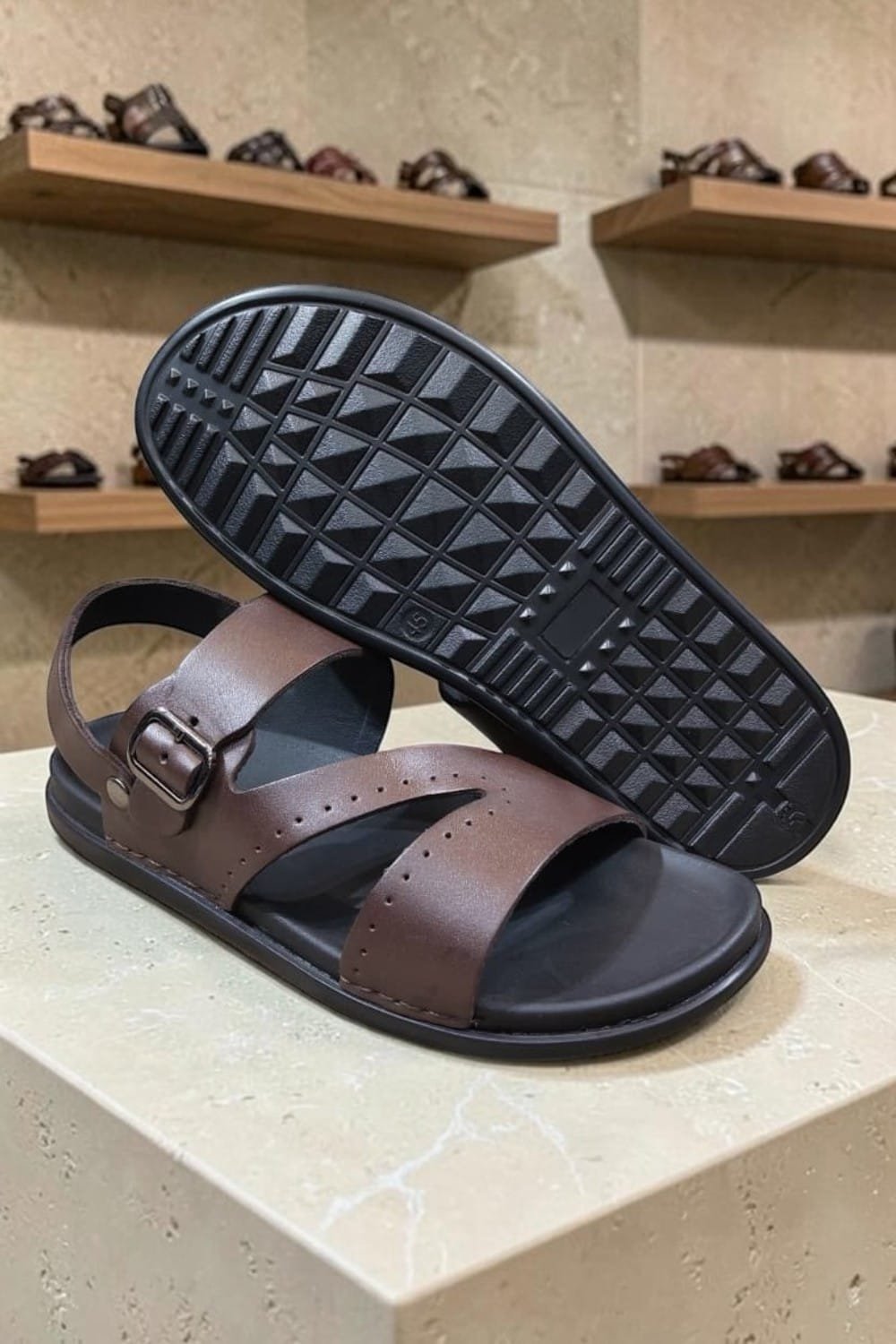Men's Genuine Leather Brown Perforated Print Sandals