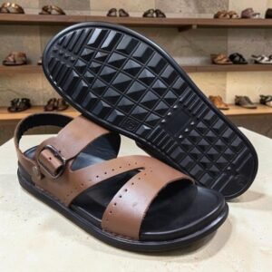 Men's Genuine Leather Tan Perforated Print Cross Strap Sandals