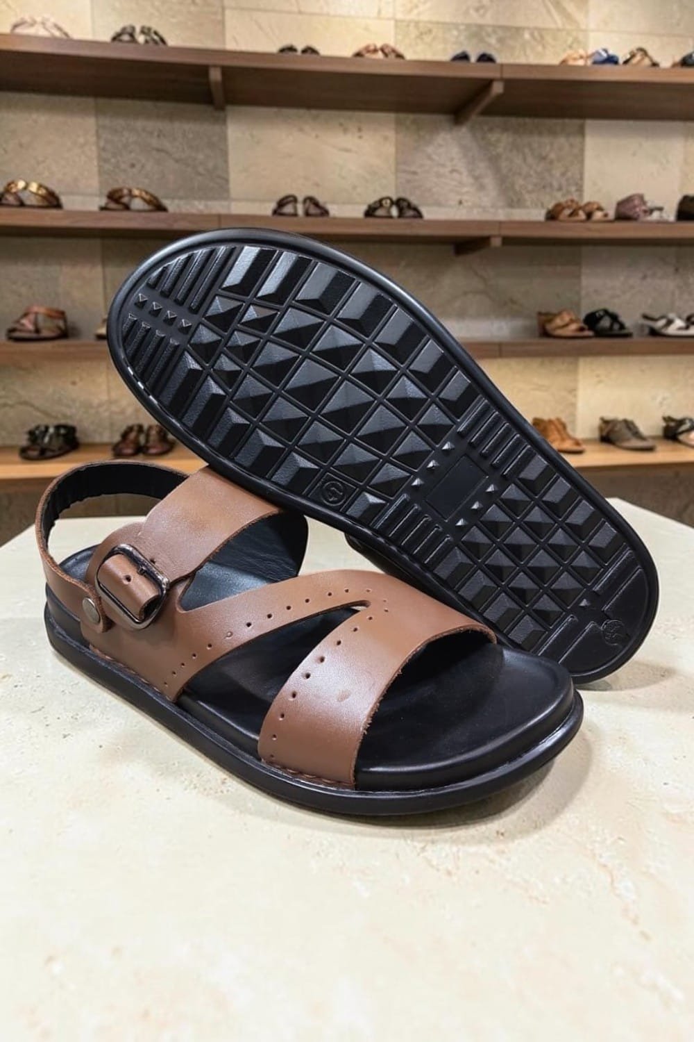 Men's Genuine Leather Tan Perforated Print Cross Strap Sandals