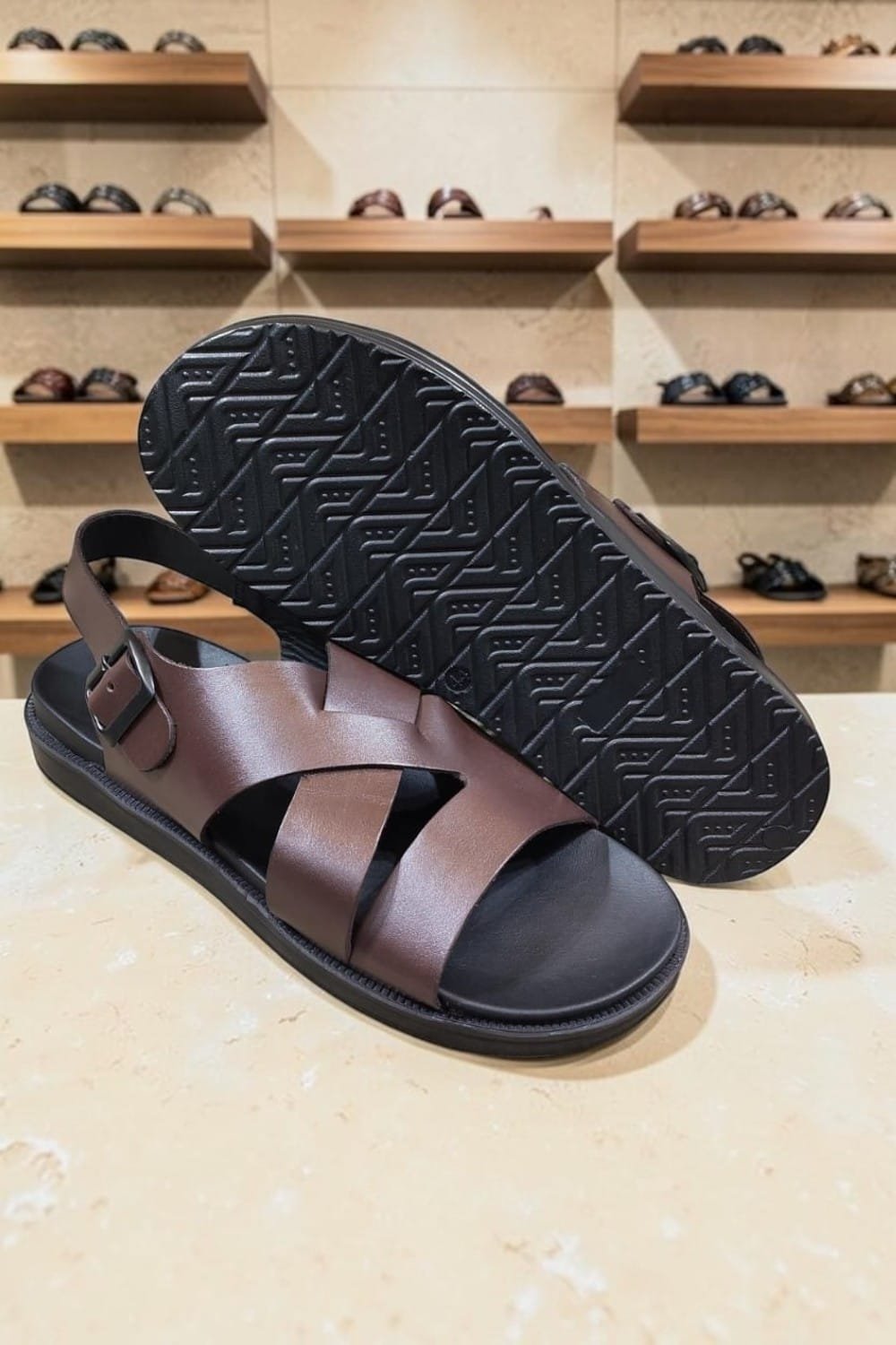 Men's Genuine Leather Brown Back Strap Cross Sandals