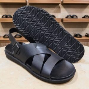 Men's Genuine Leather Black Back Strap Cross Sandals