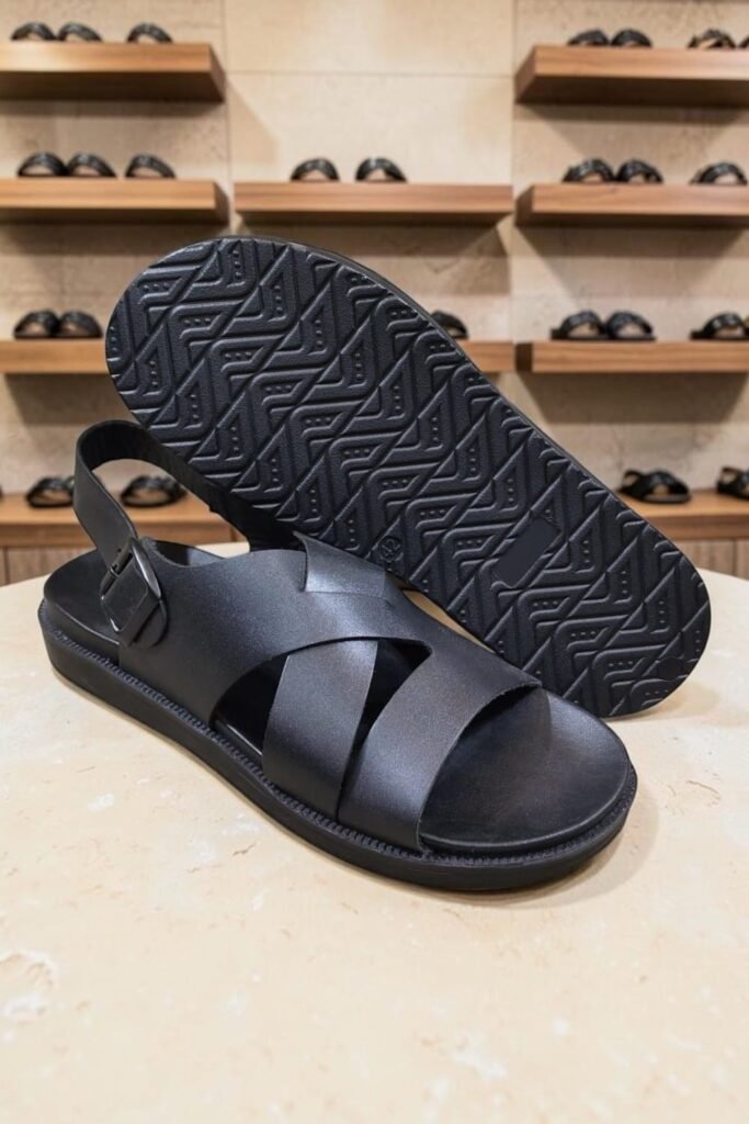 Men's Genuine Leather Black Back Strap Cross Sandals