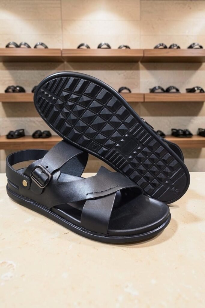 Men's Genuine Nappa Softy Black Leather Back Strap Sandals